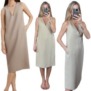 Babaton Aritzia V Neck Sleeveless Minimalist Grey Taupe Crepe Midi Pocket Dress